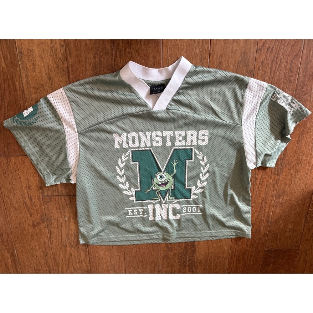 Pixar‎ Monsters Inc Mike Wazowski Mesh Jersey Cropped Green Shirt Y2K Style